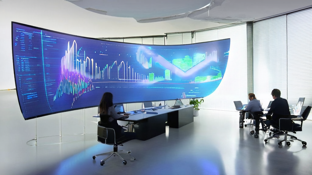 In a futuristic office, AI customer service bots analyze real-time Twitter data while the team discusses the latest Meta FAIR research findings.