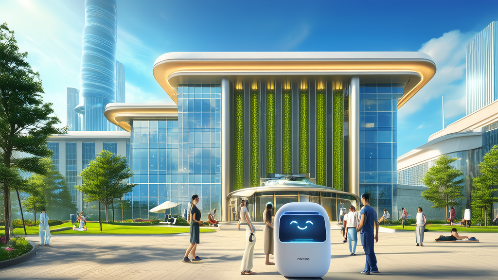 An AI customer service robot greets people seeking help outside a mental health center in a futuristic city, showcasing the perfect blend of technology and humanity.