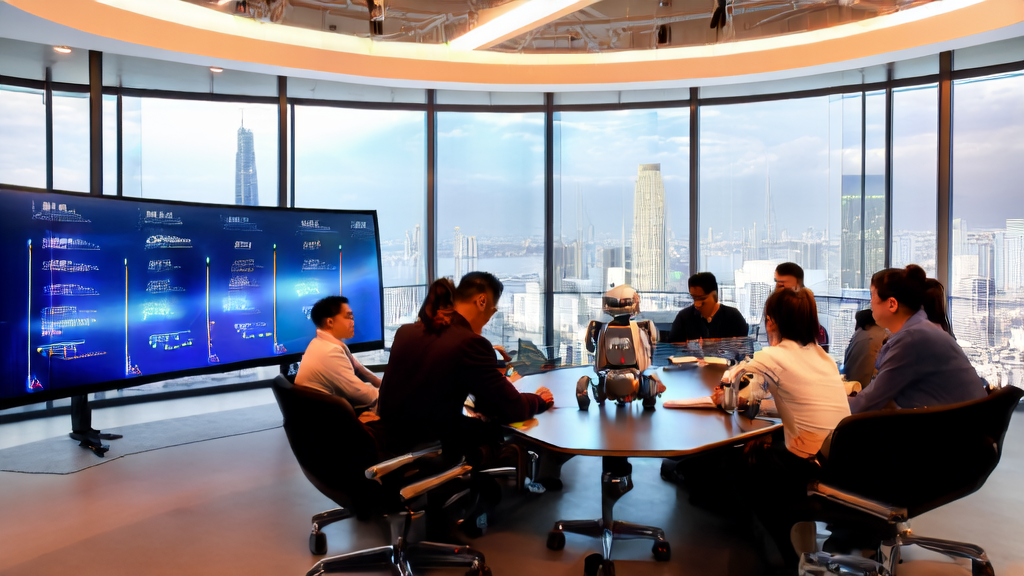 Tech professionals using AI algorithms for customer data cleaning in an office with a bustling city view outside the window