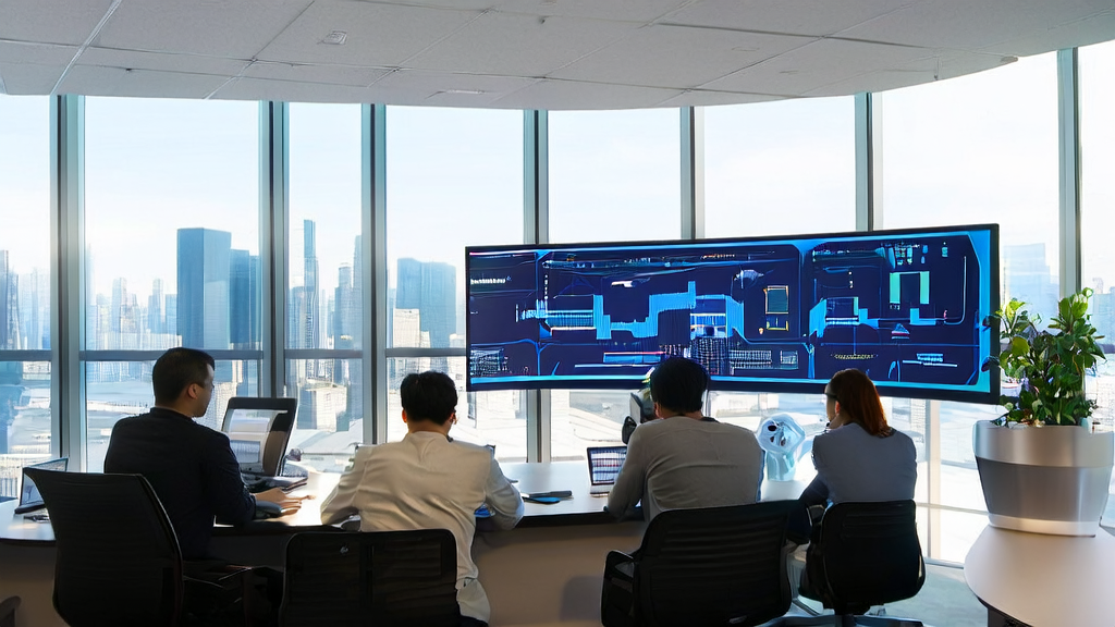 Scene of employees in a modern office using AI technology for customer data cleaning service