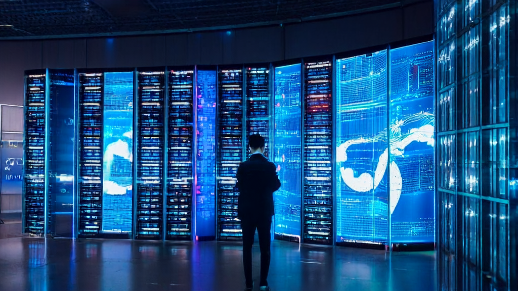 Data center in a futuristic city showcasing the application of AI technology in customer data collection and analysis