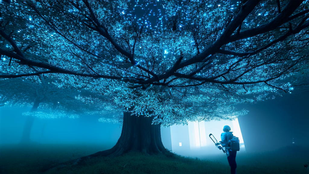 In a digital forest, a data collector uses AI equipment to gather customer information represented by falling data leaves, with a futuristic smart marketing center in the background.