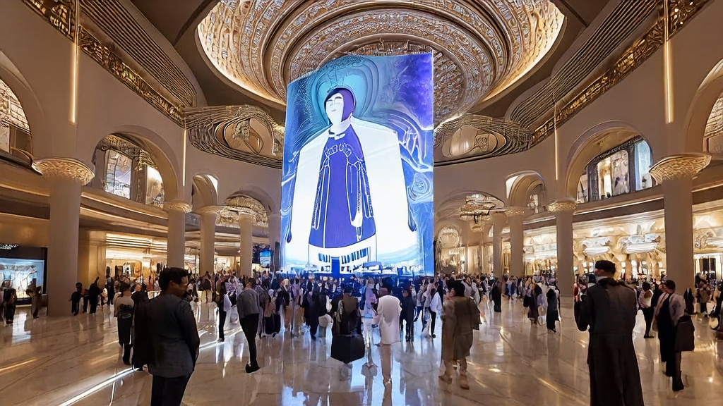 中东购物中心的数字屏幕上播放着Topview Avatar 2生成的产品介绍视频，吸引大量顾客围观