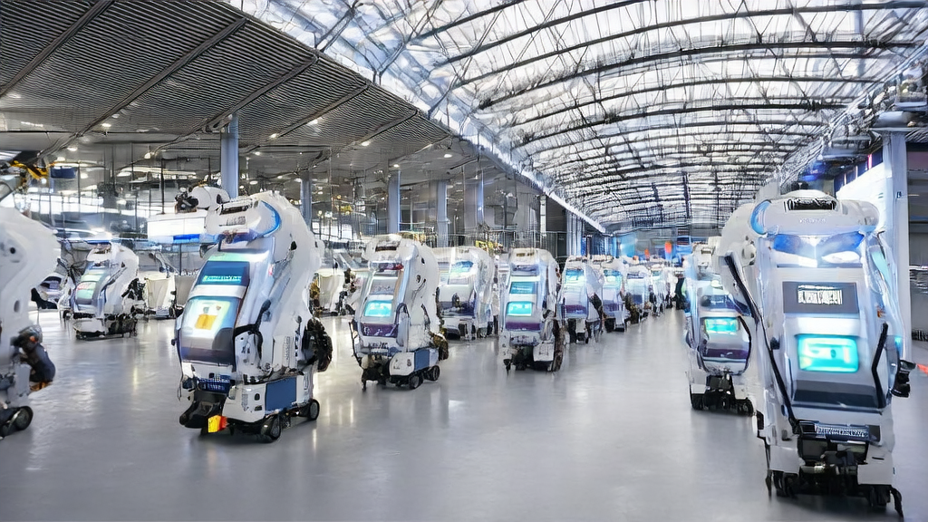 A futuristic logistics center with 200 intelligent robots operating efficiently, showcasing AI-driven global supply chain optimization.