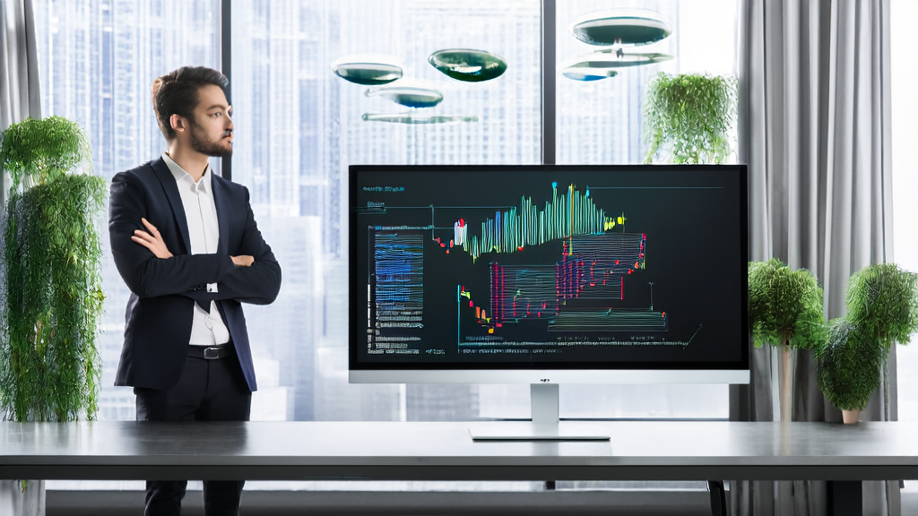 AI驱动获客技术提升电商销售：年轻创业者在高科技办公室中分析客户数据，窗外是繁华的城市天际线。