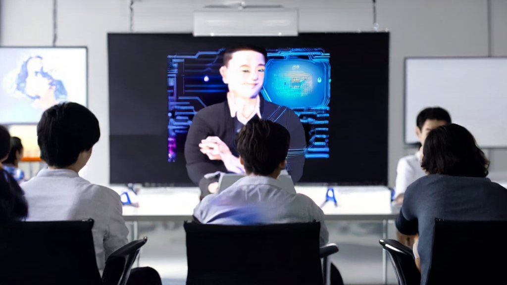 A team in a modern office is watching an AI-generated product introduction video, showcasing the application of digital humans in marketing.