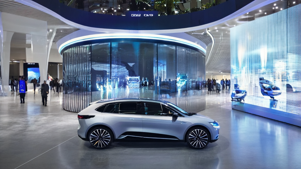 Future city square showcasing Geely Galaxy M9 with AI cockpit and interactive Eva