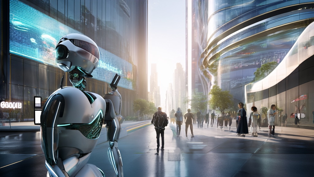 A Unitree humanoid robot R1 interacting with pedestrians on a futuristic city street, with a large electronic screen displaying the GPT-5 logo in the background