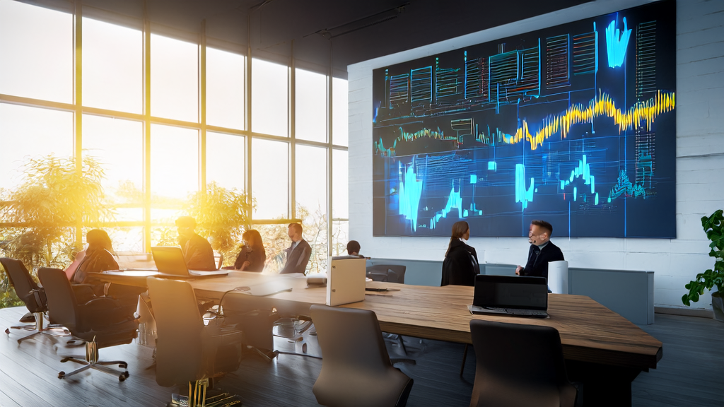 现代化办公室内员工利用AI技术进行客户数据分析和自动化管理