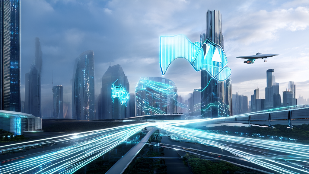 AI-driven cross-border e-commerce acquisition: Autonomous flying cars zip between skyscrapers, and smart emails are delivered through pipelines to global users.