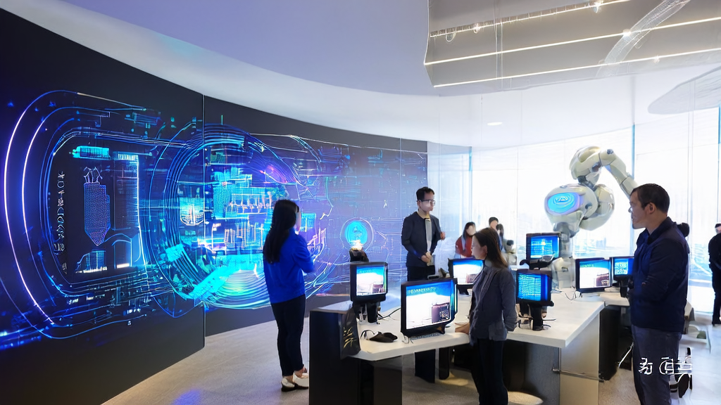 Young entrepreneurs discussing AI-driven cross-border e-commerce acquisition strategies, with a backdrop of the "AI+" scenarios poster from the National Intellectual Property Administration