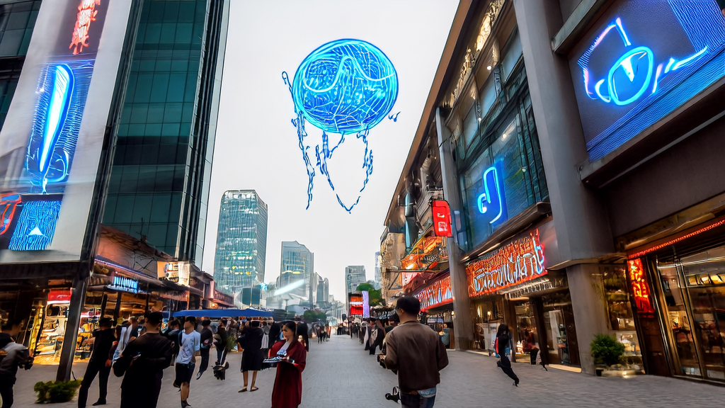 东南亚城市街头，人们使用智能手机与AI技术互动，背景为高楼和传统市场，突显科技与传统融合。