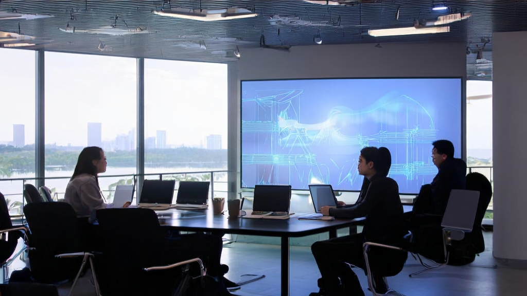 In a modern office, entrepreneurs are discussing how to use Alibaba Cloud's Vivid-VR tool and AI-driven customer acquisition solutions to enhance business competitiveness.
