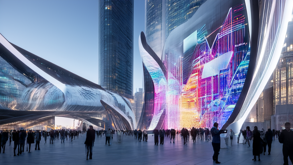 In a futuristic city, a developer uses Apple's open AI engine to develop an intelligent customer acquisition system, surrounded by high-tech devices and data streams.