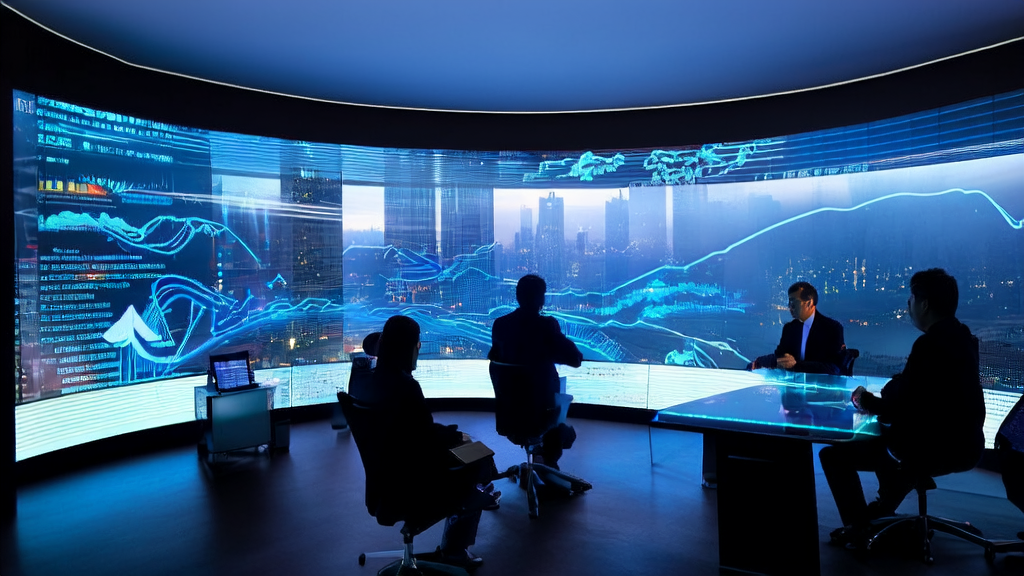 In a modern corporate office within a futuristic city, engineers are discussing AI-driven acquisition strategies and cost optimization using Tencent Cloud AI Builder.
