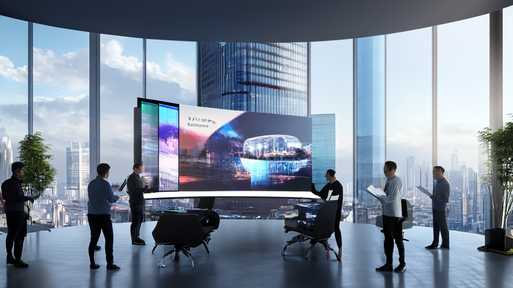 展示了可灵AI的“视频音效”功能在现代办公室中的应用，员工们共同探讨这一创新技术对市场营销的影响。