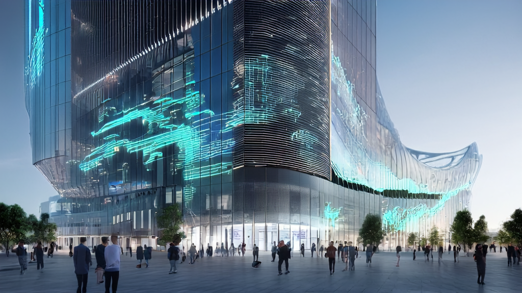 A modern office building in a futuristic city with a large screen showcasing AI technology for precise customer acquisition
