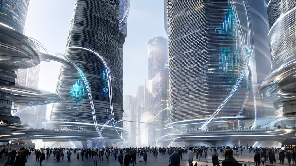 A futuristic city center showcasing AI-driven advertising technology with a crowd watching data streams and user behavior analytics.