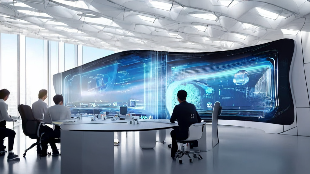 In a futuristic office, the team leverages AI technology to enhance e-commerce customer acquisition, with sunlight streaming through windows onto smart devices