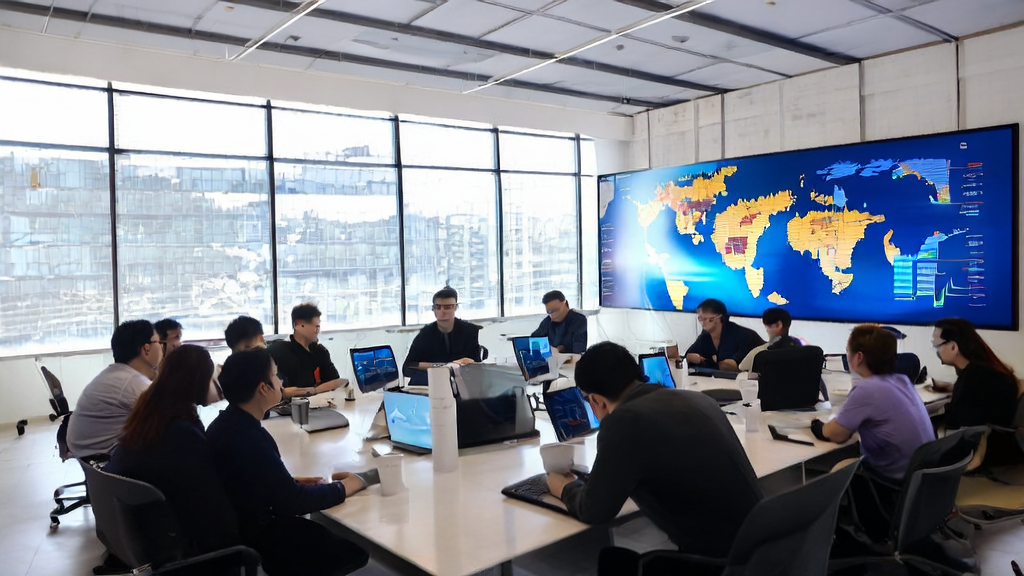 外贸企业员工在现代化办公室中利用AI工具进行精准客户触达的会议场景