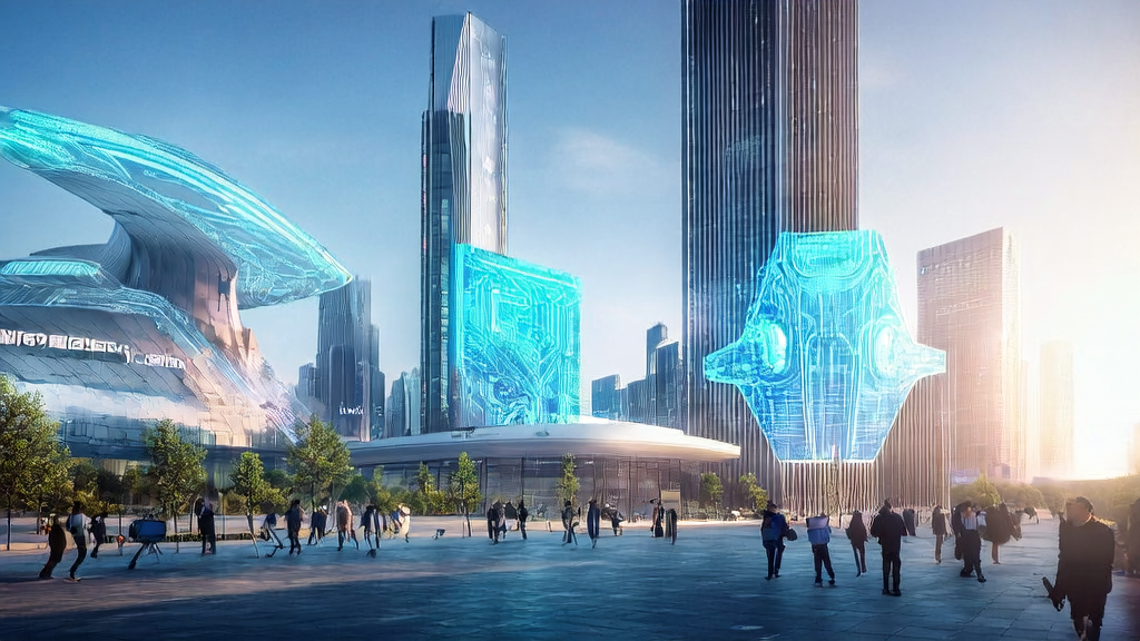 A futuristic city tech park showcasing AI-driven acquisition efficiency and the OpenAI bonus incentive plan