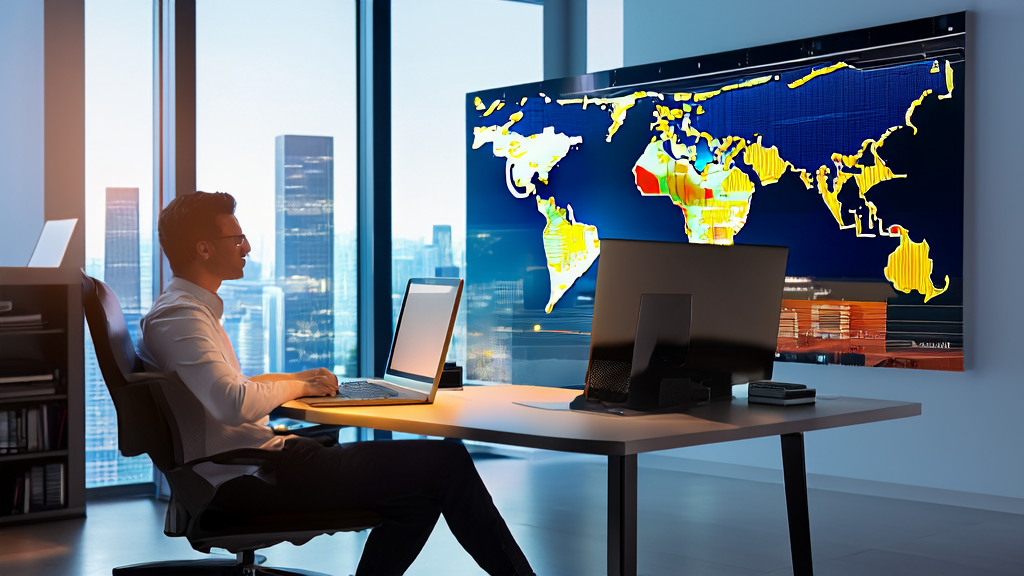 Modern office with sunlight, where an entrepreneur uses AI technology to analyze data and optimize cross-border e-commerce marketing strategies