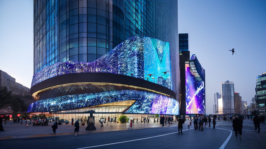 未来城市中展示AI驱动的跨境电商广告投放场景