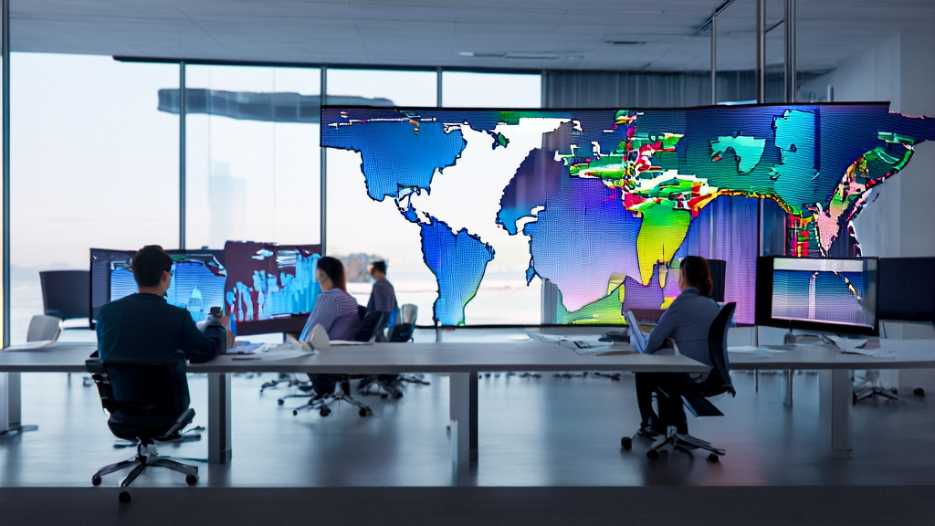 A modern office filled with technology, where employees interact with global clients using AI, with a world map marking different markets on the wall.