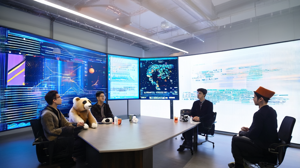 阳光明媚的早晨，广告公司团队利用AI技术优化广告投放，墙上挂着一只羊毛毡大熊猫。