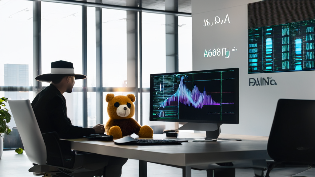 Modern office showcasing AI technology breakthroughs, with a young entrepreneur using advanced algorithms to optimize customer acquisition processes