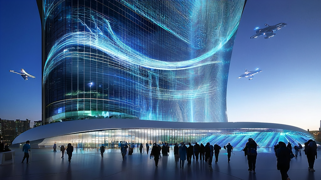 未来城市中的高科技大厦，展示AI客户预测模型和虚拟世界模拟，预示2025年跨境电商获客革命。