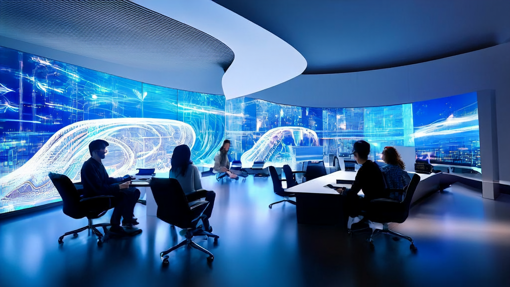 In a futuristic office, entrepreneurs are discussing AI keyword optimization strategies with the city skyline in the background.