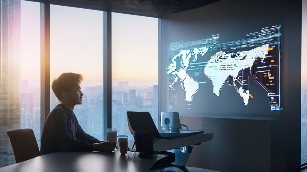 In a modern office, an entrepreneur uses AI technology for email marketing and data analysis, with a robot assistant delivering coffee, and a world map on the wall marking global customer distributions.