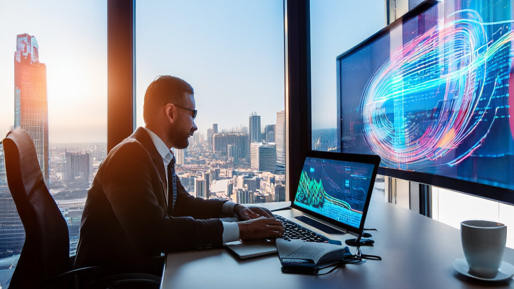 A cross-border e-commerce marketing manager using AI email polishing tools to enhance email marketing effectiveness in a modern office