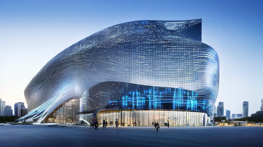 A futuristic cross-border e-commerce skyscraper where an entrepreneur uses AI technology to optimize customer acquisition strategies