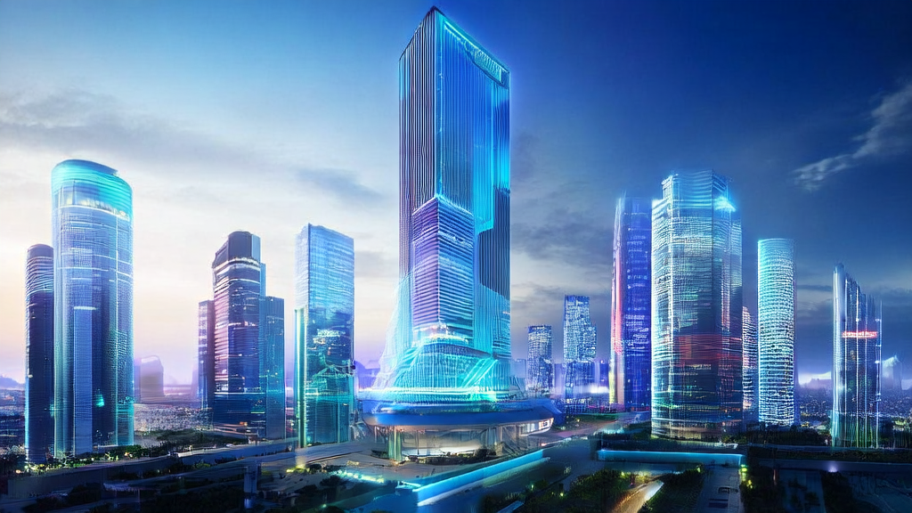 A futuristic city's standalone building showcasing AI keyword optimization screens and intelligent robots working inside