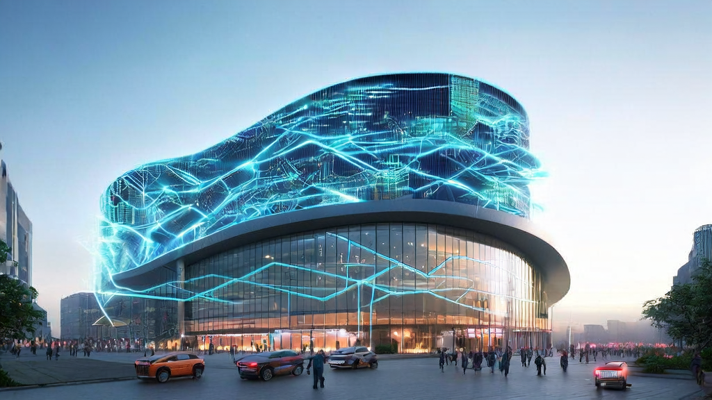 未来城市的高科技办公楼顶，工程师使用AI技术进行个性化邮件营销