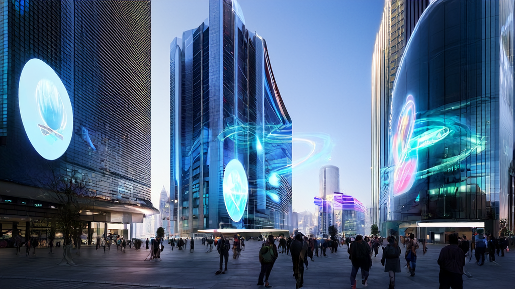 AI-driven acquisition solutions in a futuristic city, showcasing creative ads from Meta and Midjourney collaboration