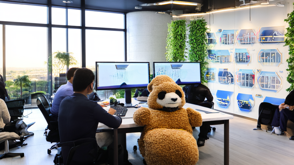 Employees in a modern office discussing AI-driven customer acquisition solutions, with a wool felt panda on the table