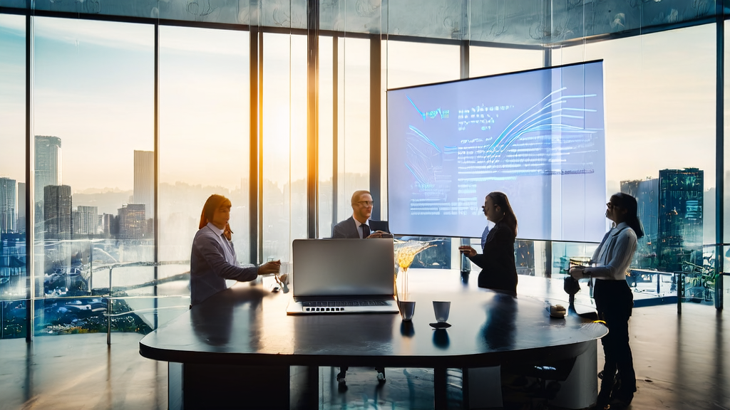 A modern office scene where employees are discussing AI-driven acquisition strategies using the Claude Code web interface