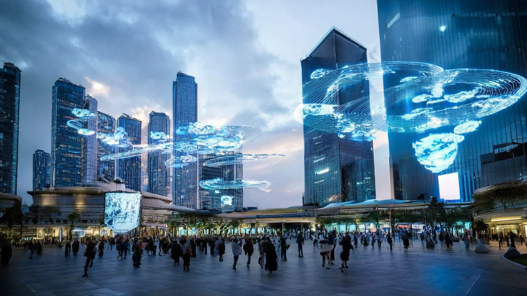 In a futuristic cityscape with skyscrapers, AI-controlled advertising drones adjust ad content in real-time to precisely target audiences, showcasing new AI-driven acquisition strategies.