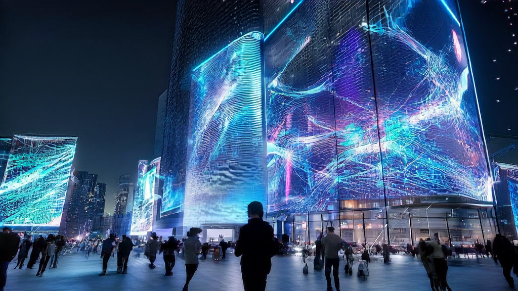 未来城市的智能广告投放场景，展示AI技术如何优化广告投放，精准触达目标人群并降低获客成本。