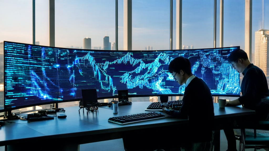 Young programmers discussing AI-driven acquisition strategies in a high-tech office with a view of the bustling city.