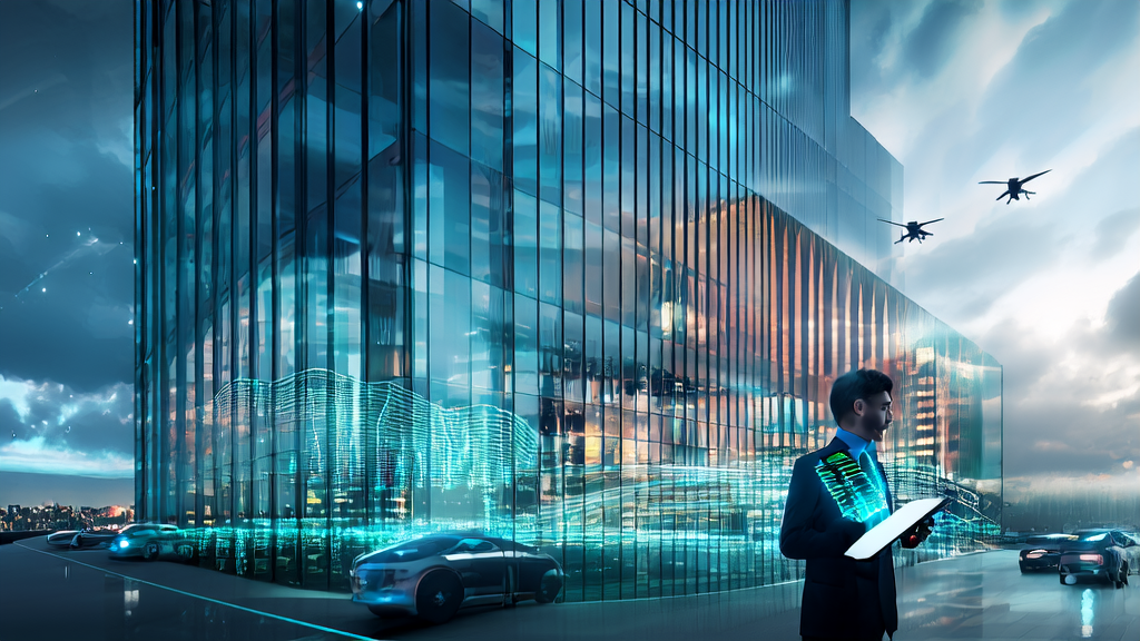 未来的城市中，一位创业者站在现代化办公楼前，展示AI技术在市场营销中的应用