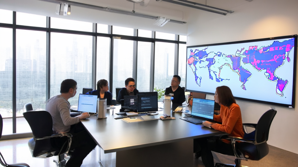 Modern office setting where employees discuss AI-driven acquisition strategies for cross-border commerce, showcasing the interaction between DeepSeek and Yuanbao APP