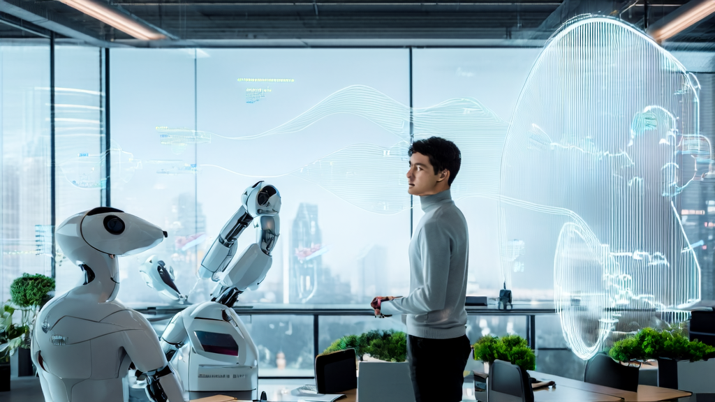 In a futuristic office, an entrepreneur uses AI technology to analyze customer data and boost e-commerce sales.