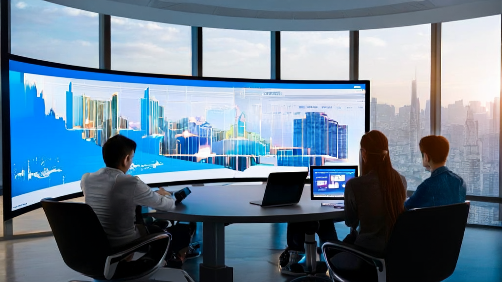 Young entrepreneurs discuss AI-driven acquisition strategies in a modern office, with the city skyline in the background and a Google Veo3 generated video on display.