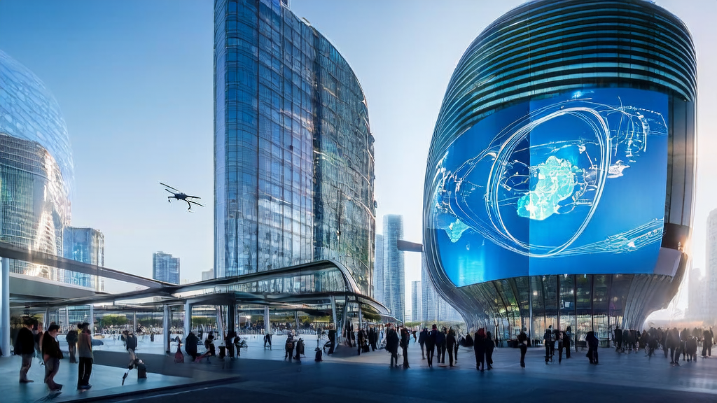 现代化办公楼内的创业者使用AI技术分析东南亚市场客户数据，屏幕显示AlphaEarth Foundations生成的高清地球图像。