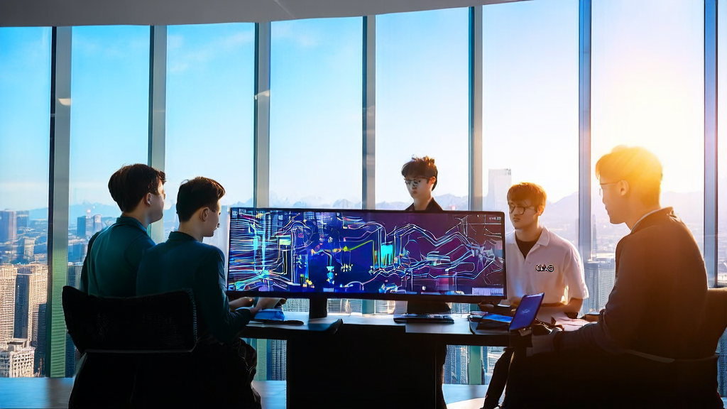 年轻创业者在办公室探讨基于AI的高转化邮件策略，背景为美团Logo和城市天际线
