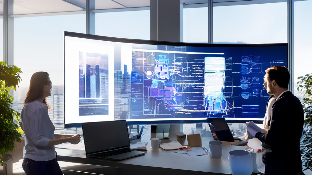 Employees in a modern office are discussing AI-driven acquisition strategies with sunlight streaming through large windows and a display screen in the background.